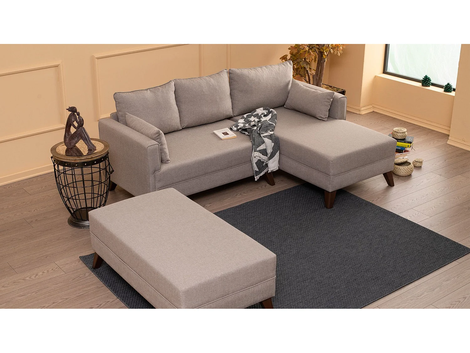 Canapé d'angle à droite convertible avec pouf Hermoso Tissu Blanc crème