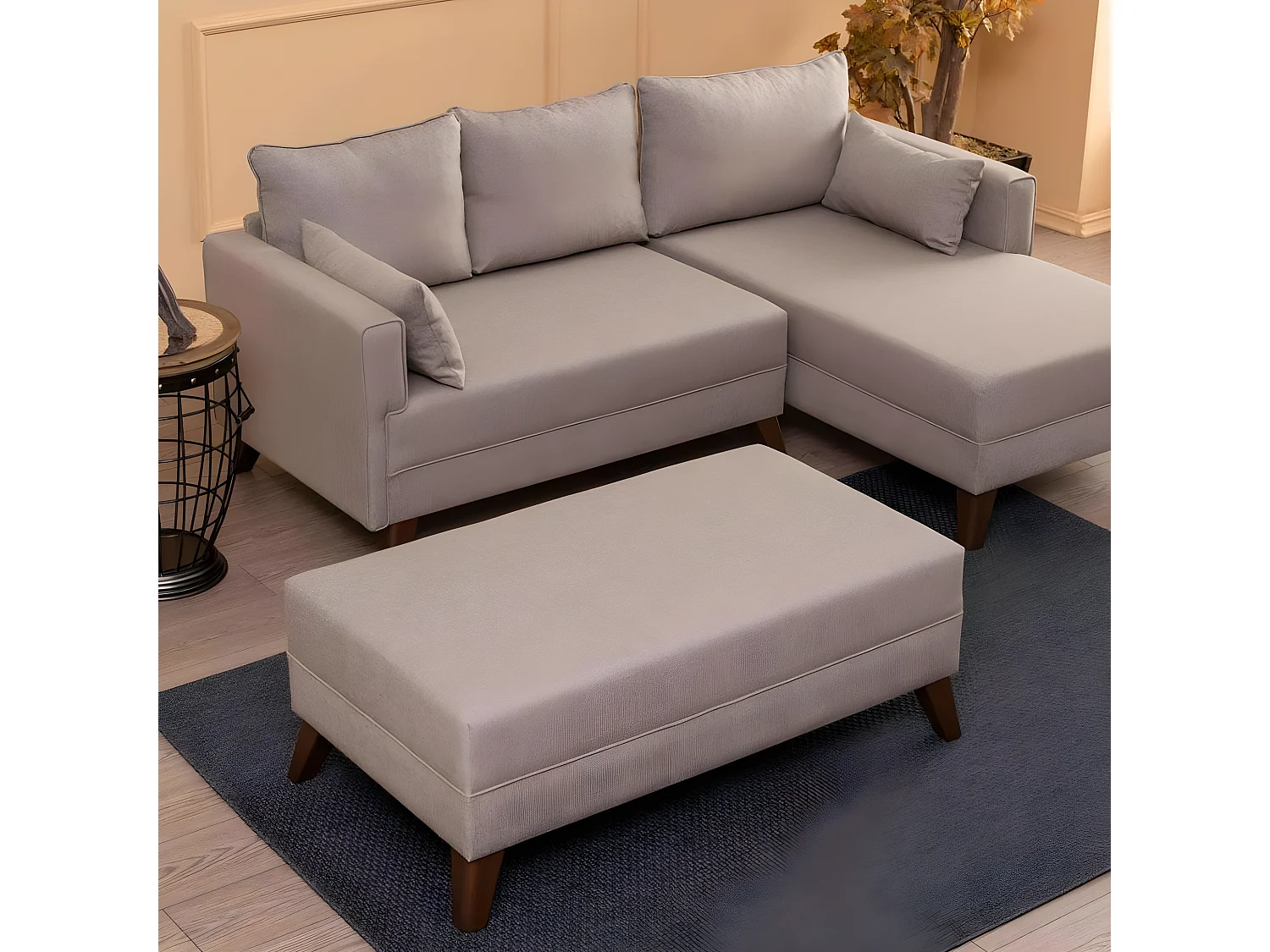 Canapé d'angle à droite convertible avec pouf Hermoso Tissu Blanc crème