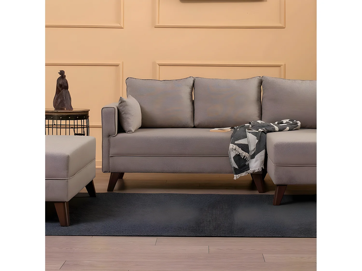 Canapé d'angle à droite convertible avec pouf Hermoso Tissu Blanc crème