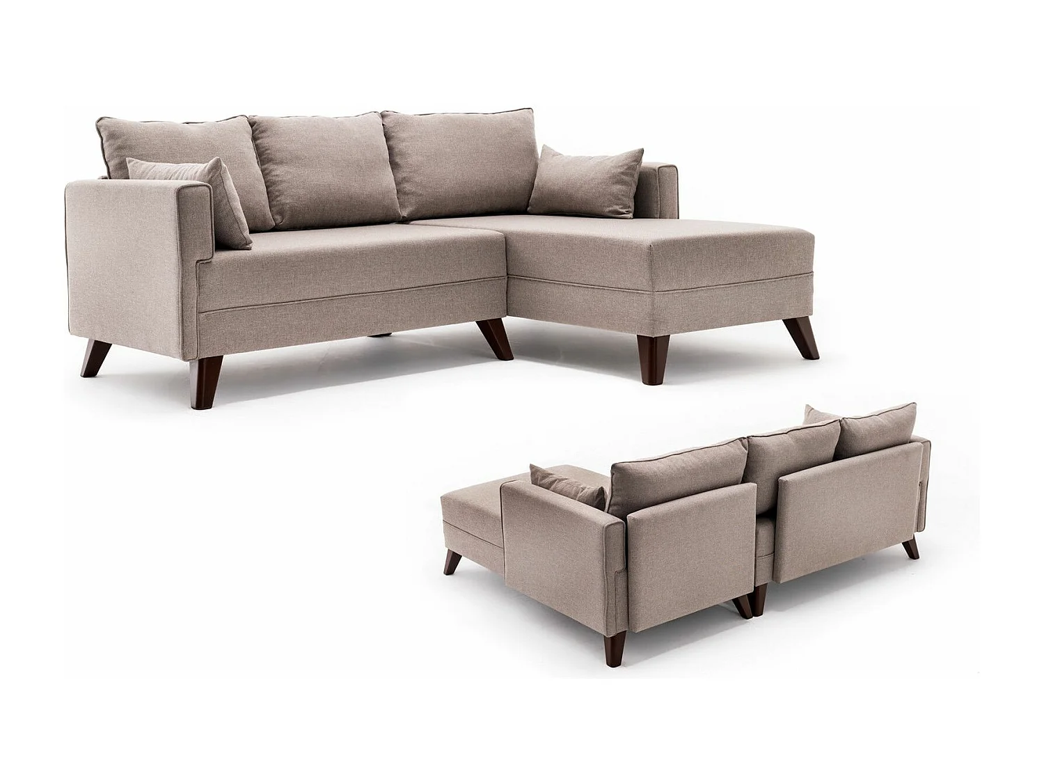 Canapé d'angle à droite convertible avec pouf Hermoso Tissu Blanc crème