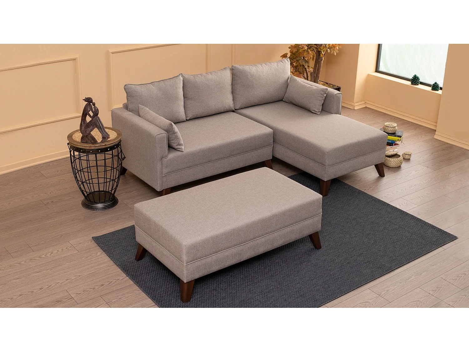 Canapé d'angle à droite convertible avec pouf Hermoso Tissu Blanc crème