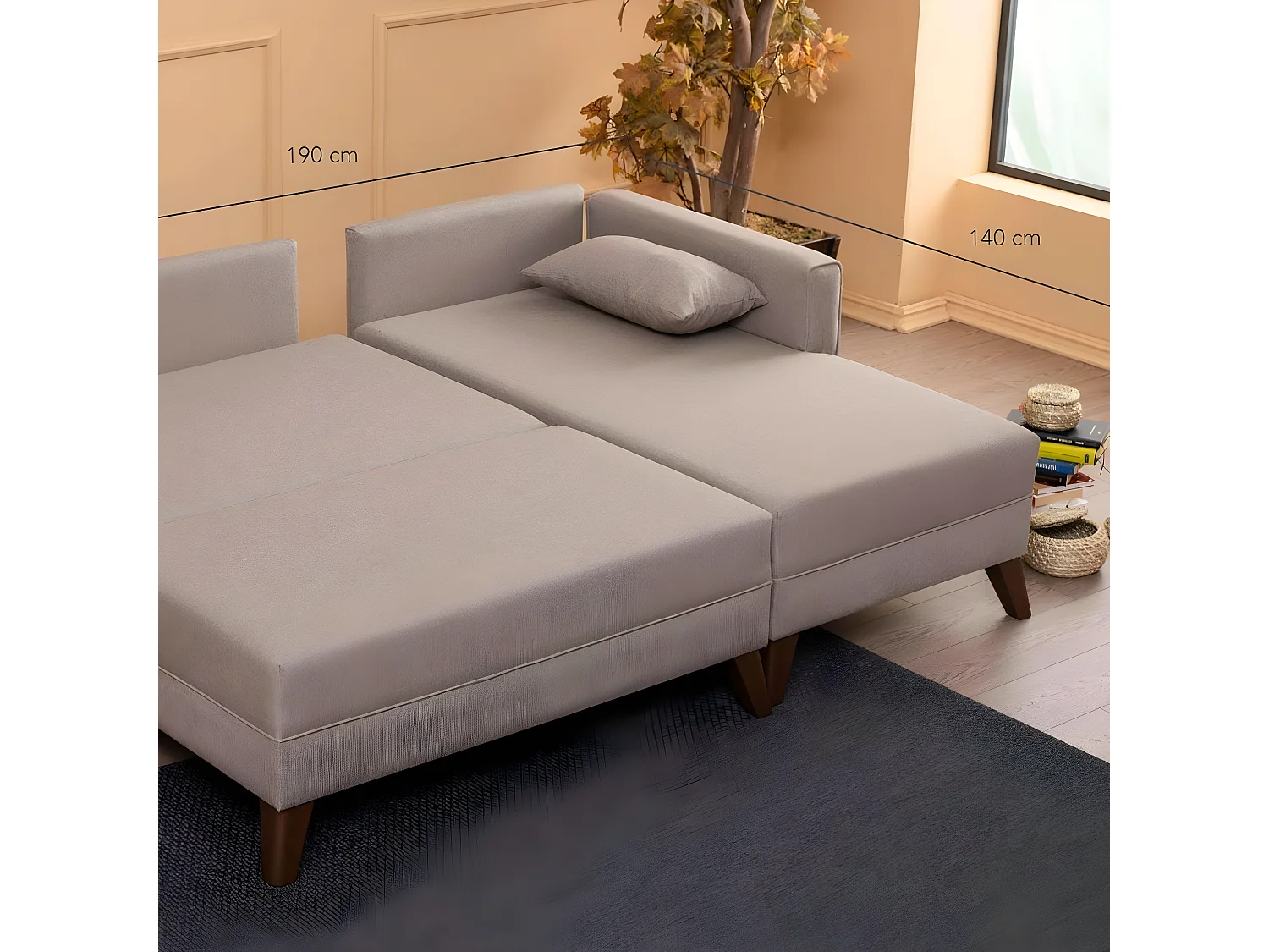 Canapé d'angle à droite convertible avec pouf Hermoso Tissu Blanc crème