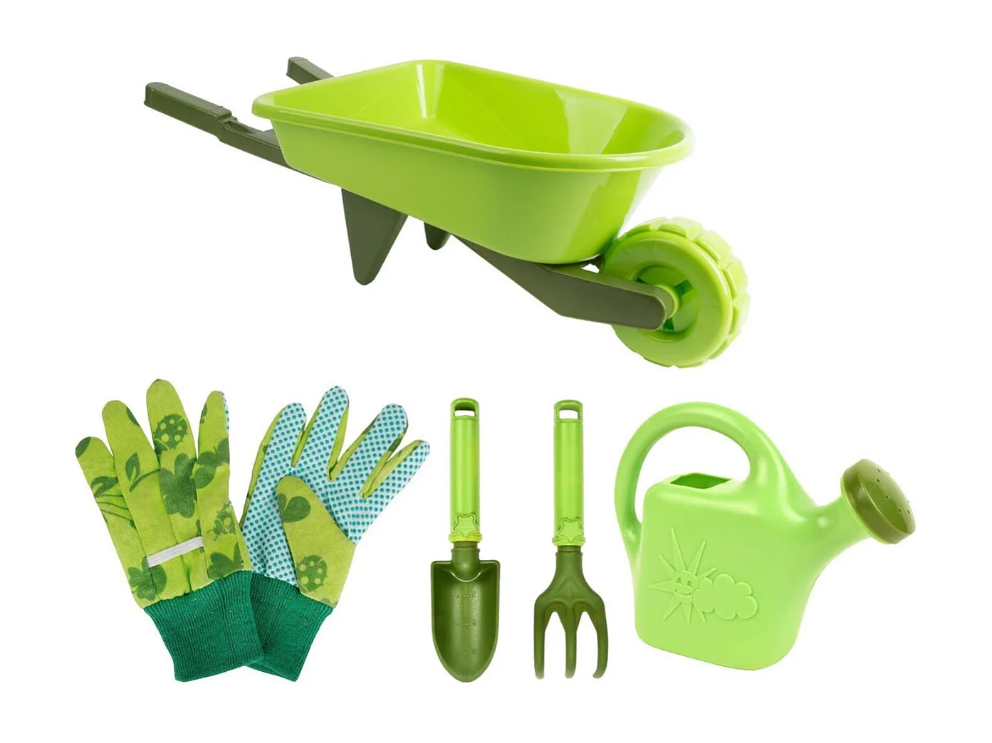 Set kleiner Gärtner Zubehör für Kinder aus Kunststoff Handschuhe + kleine Werkzeuge + Gießkanne + Schubkarre