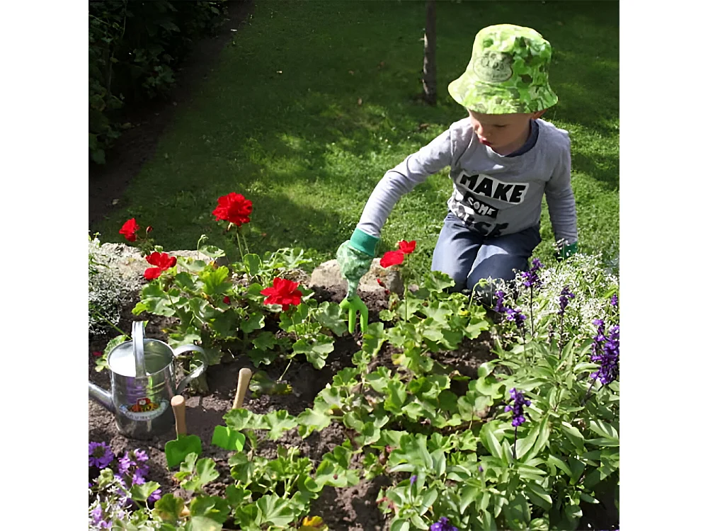 Set kleiner Gärtner Zubehör für Kinder aus Kunststoff Handschuhe + kleine Werkzeuge + Gießkanne + Schubkarre