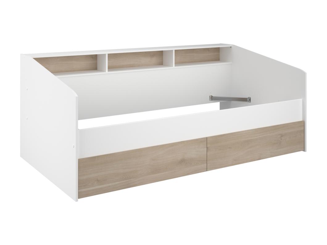 Lit 90 x 190/200 cm avec rangements - Blanc et naturel - PAULETTE