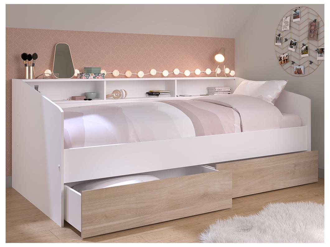 Lit 90 x 190/200 cm avec rangements - Blanc et naturel - PAULETTE