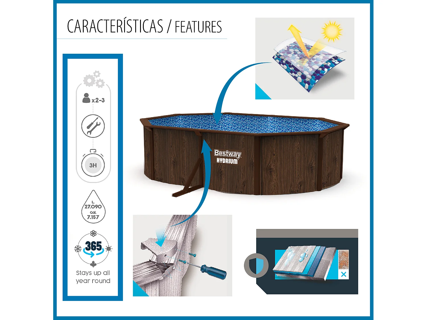 Piscine acier Hydrium effet bois ovale 7,30 x 3,60 x 1,30 m - Bestway