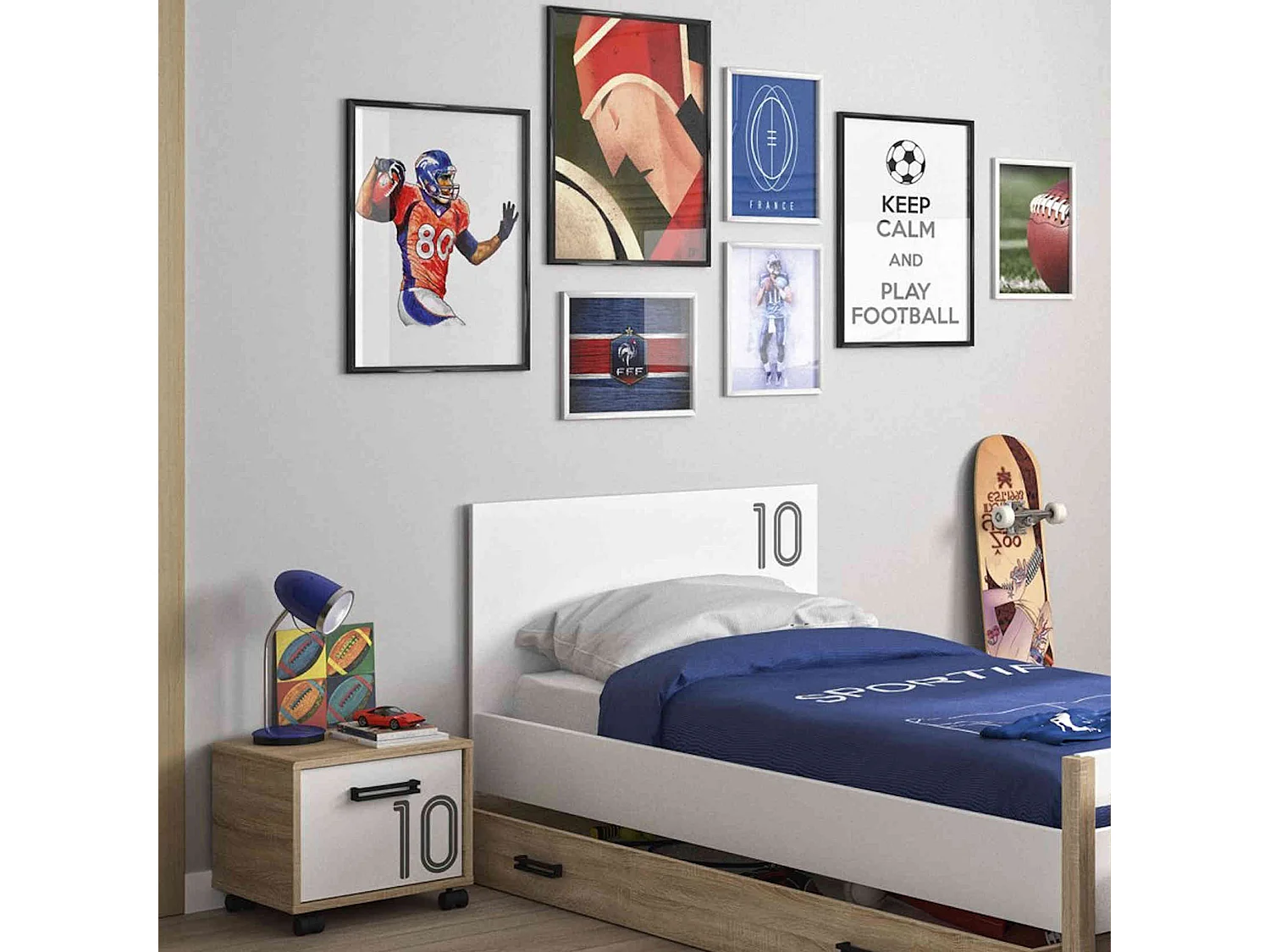 Chevet enfant sur roulettes en bois imitation chêne clair et blanc - CH5052