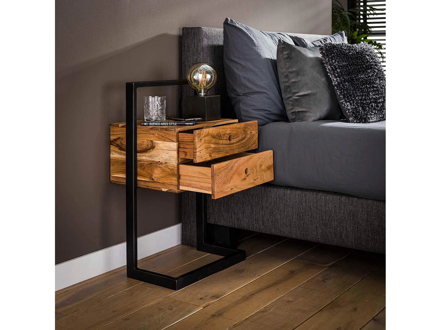 Chevet 2 tiroirs en bois massif avec cadre métallique - CH18037