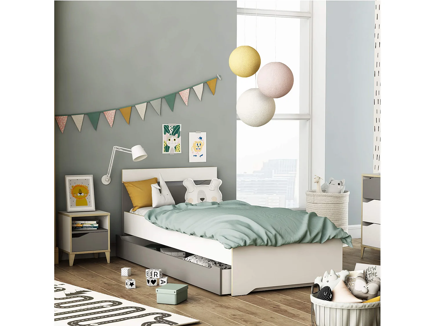 Chevet enfant 1 niche 1 tiroir en bois blanc et gris - CH212