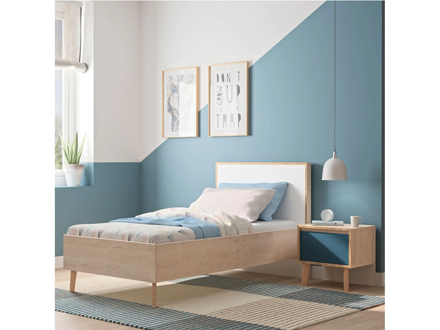 Chevet 1 tiroir en bois imitation chêne clair et bleu - CH5046