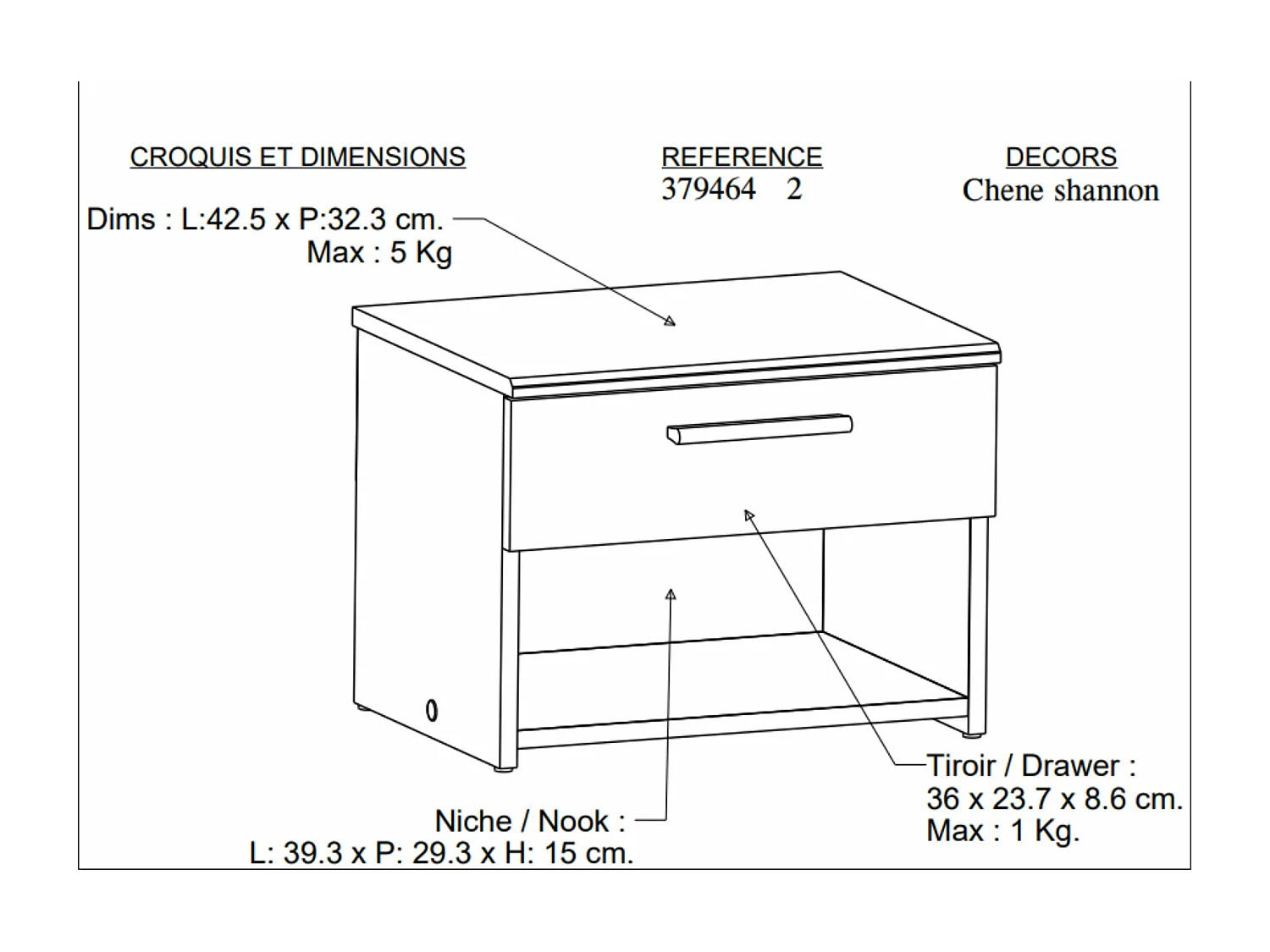 Chevet 1 tiroir 1 niche en bois chêne shannon - CH158