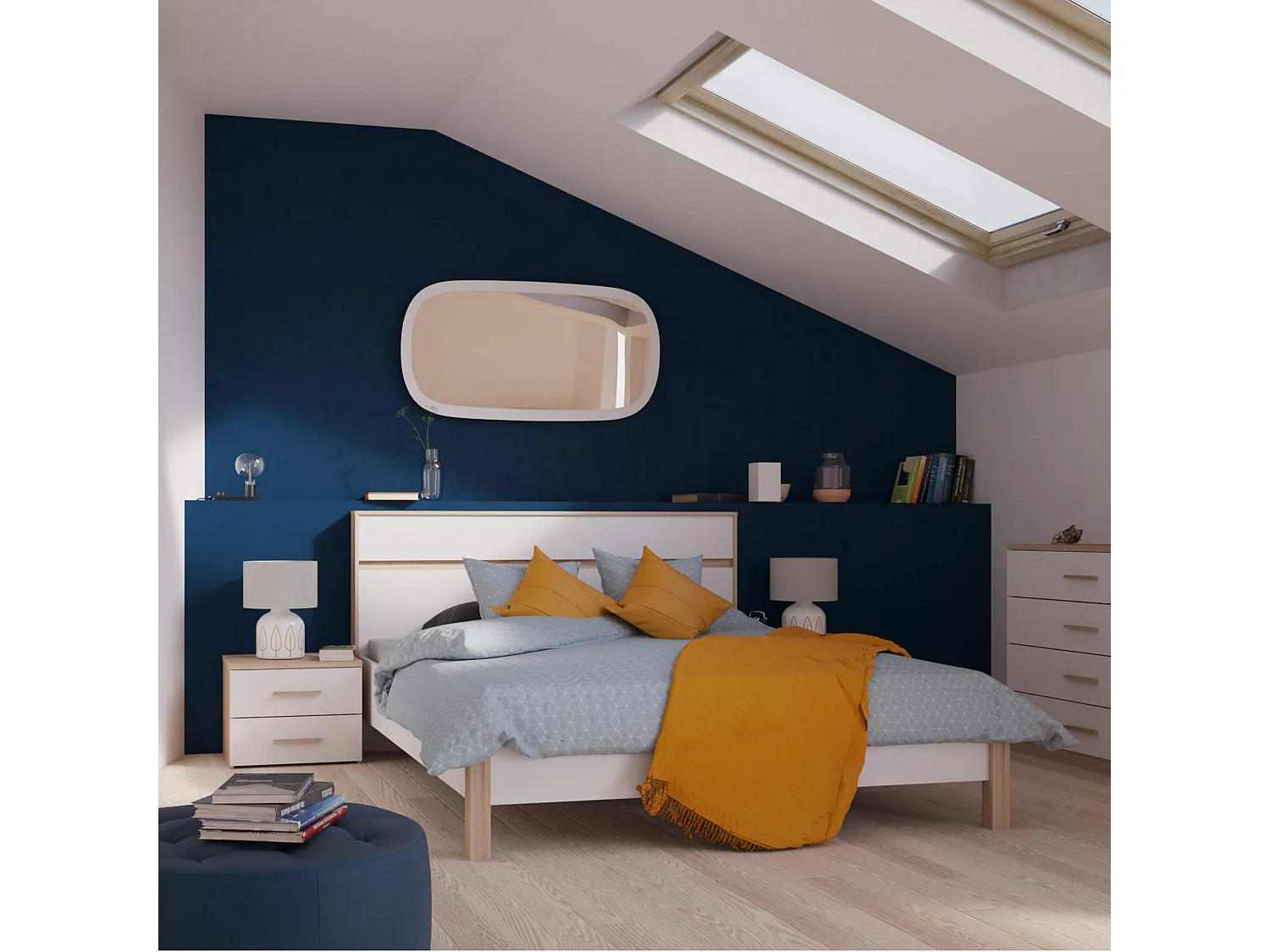 Chevet 2 tiroirs imitation chêne brosse/blanc CH129