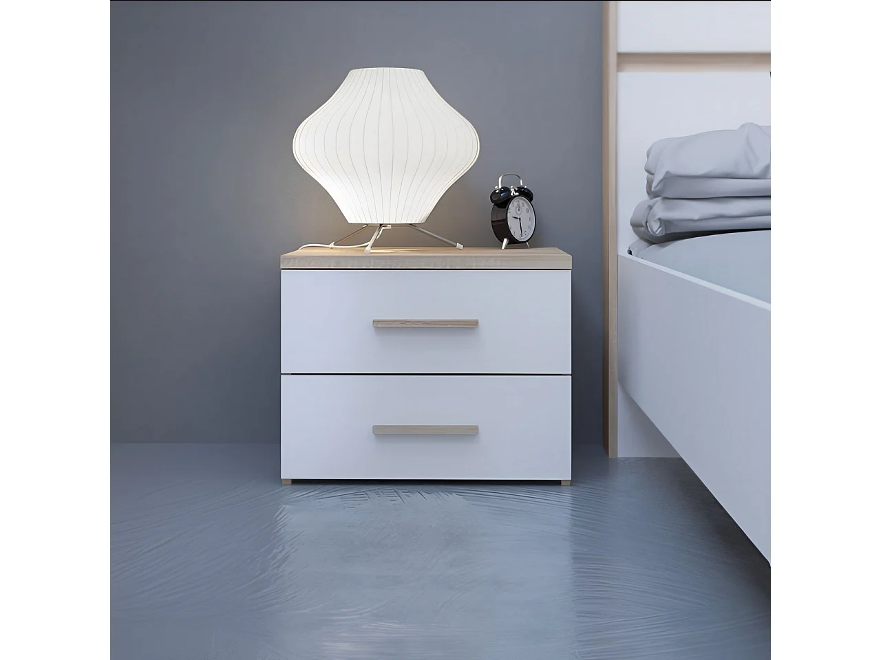 Chevet 2 tiroirs imitation chêne brosse/blanc CH129