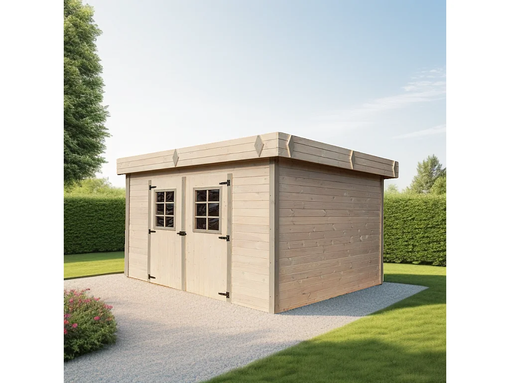 Habrita Abri madriers massifs 28 mm toit plat avec bac acier - kmp4040.02