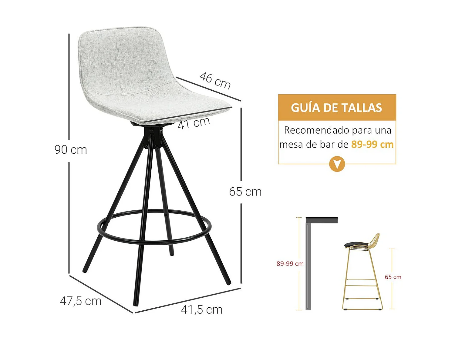 Taburetes de cocina gris 41.5x47.5x90 cm HOMCOM