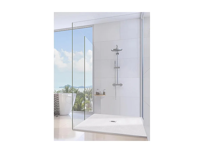 Receveur de Douche 100X180 cm Vulcano Line Extra Slim Blanc En Résine Synthétique et Poudre de Marbre Avec Vidange Libre