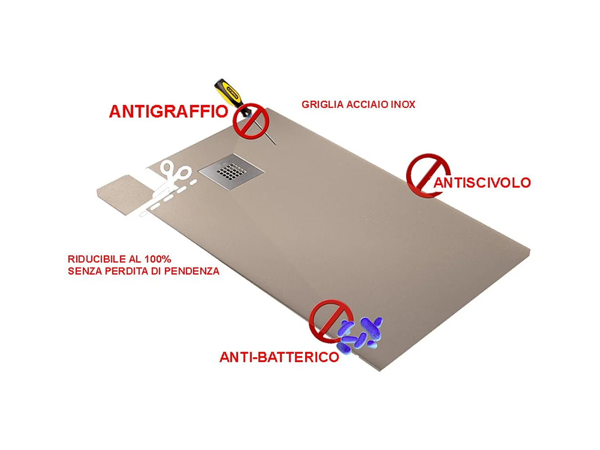 Receveur de Douche 140X120 cm Vulcano Line Slim Blanc en Résine Synthétique et Poudre de Marbre Avec Drain Libre