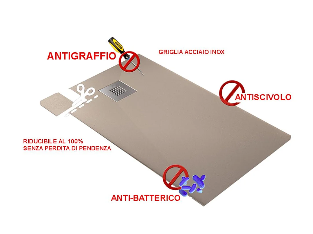 Receveur de Douche 80X175 cm Vulcano Line Extra Slim Blanc En Résine Synthétique et Poussière de Marbre Avec Vidage Gratuit