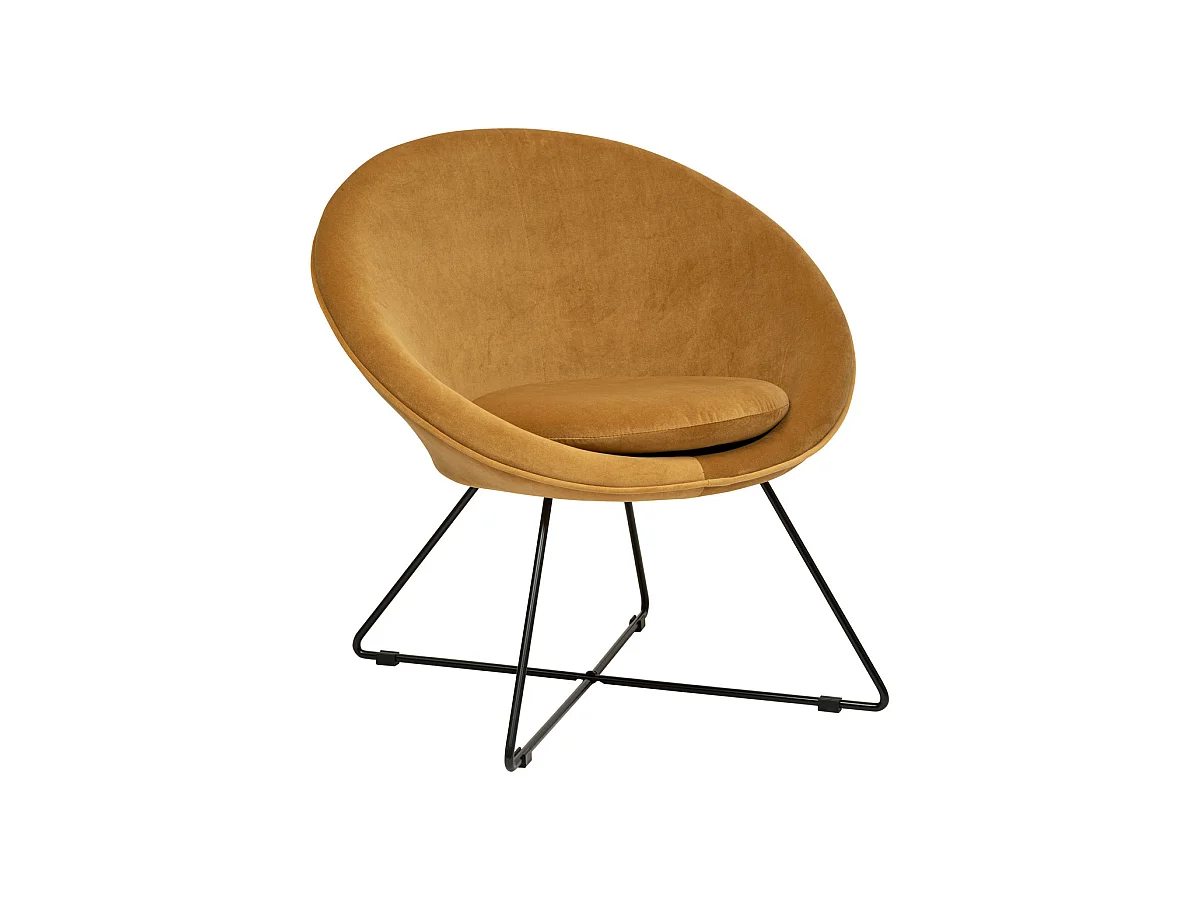 Fauteuil en Velours Jaune moutarde et Pieds en métal noir