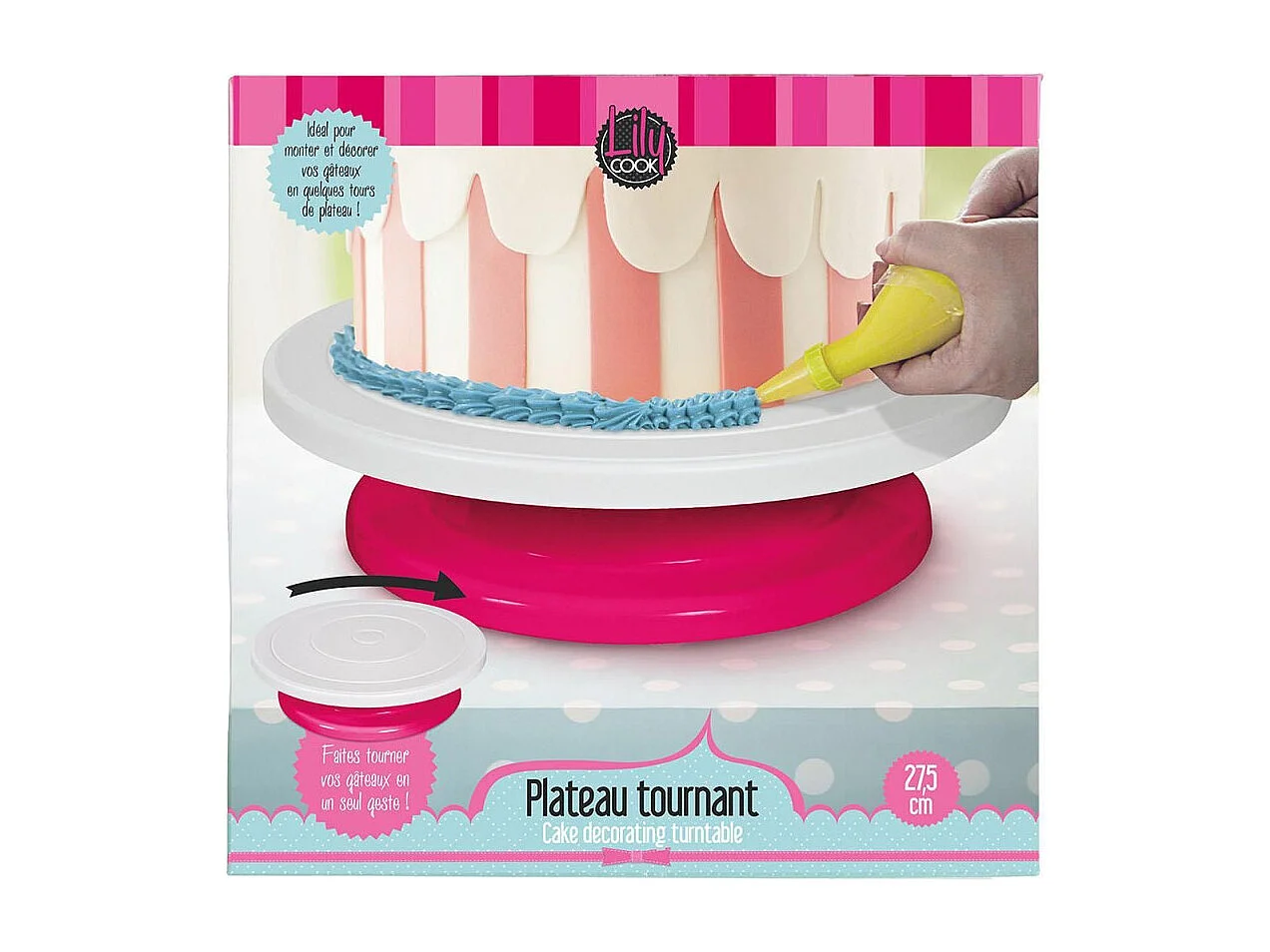 Plateau Tournant Deco Gateau 27.5cm Rose Rose, Blanc