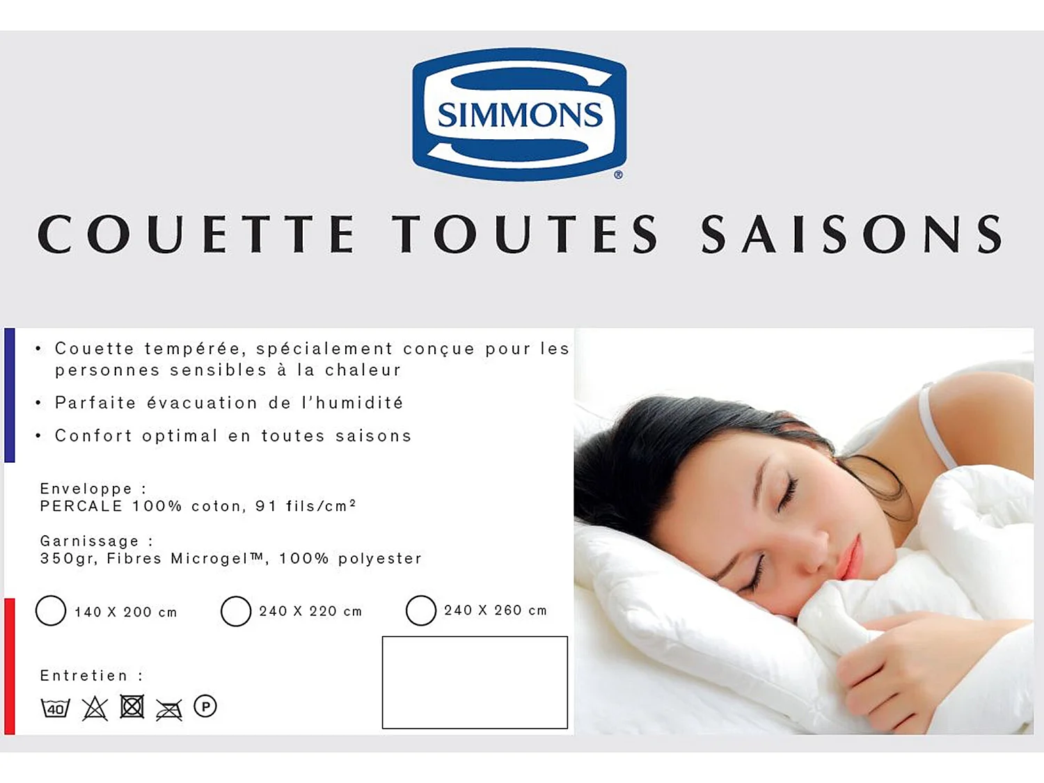 Couette Simmons enveloppe percale 4 saisons 350g - 260x240