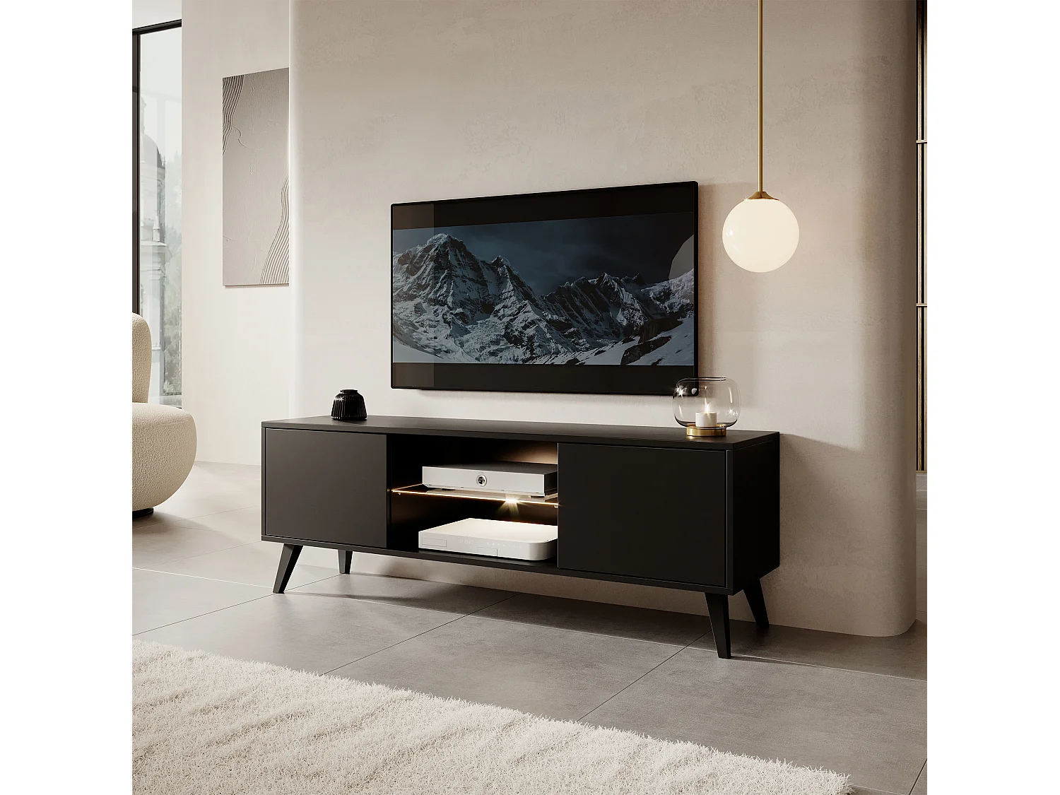 Meuble TV - 140 cm - noir avec pieds noirs - Savoni II
