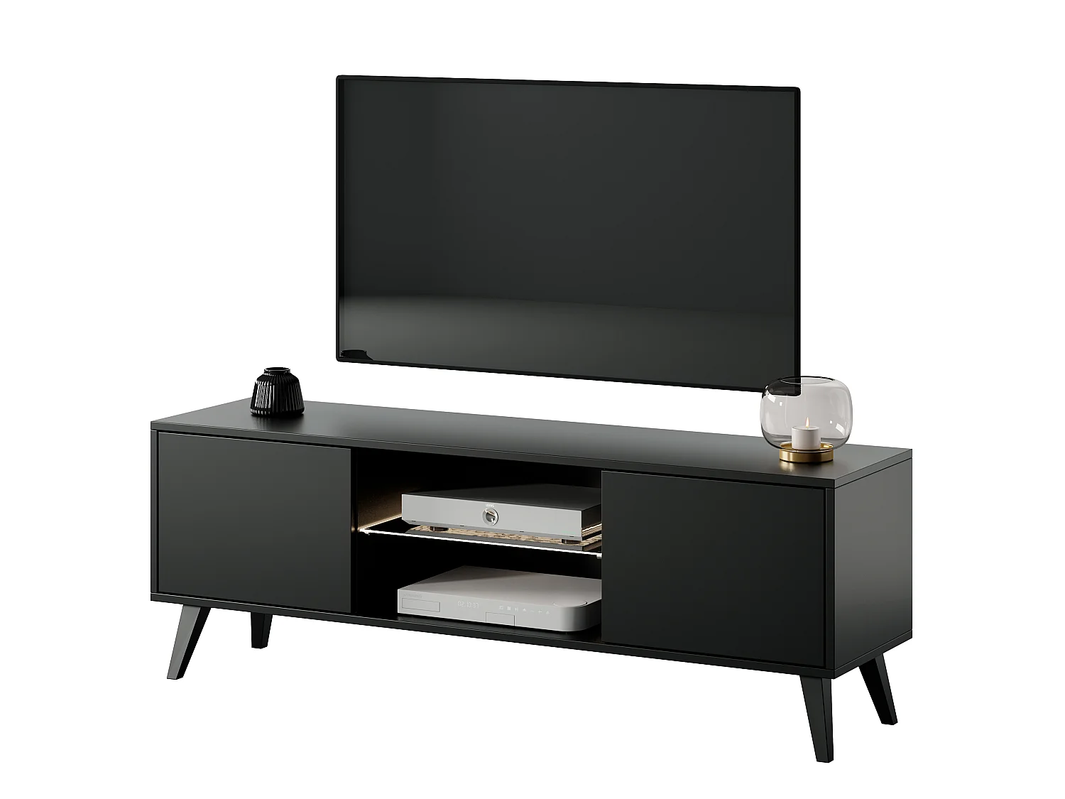 Meuble TV - 140 cm - noir avec pieds noirs - Savoni II