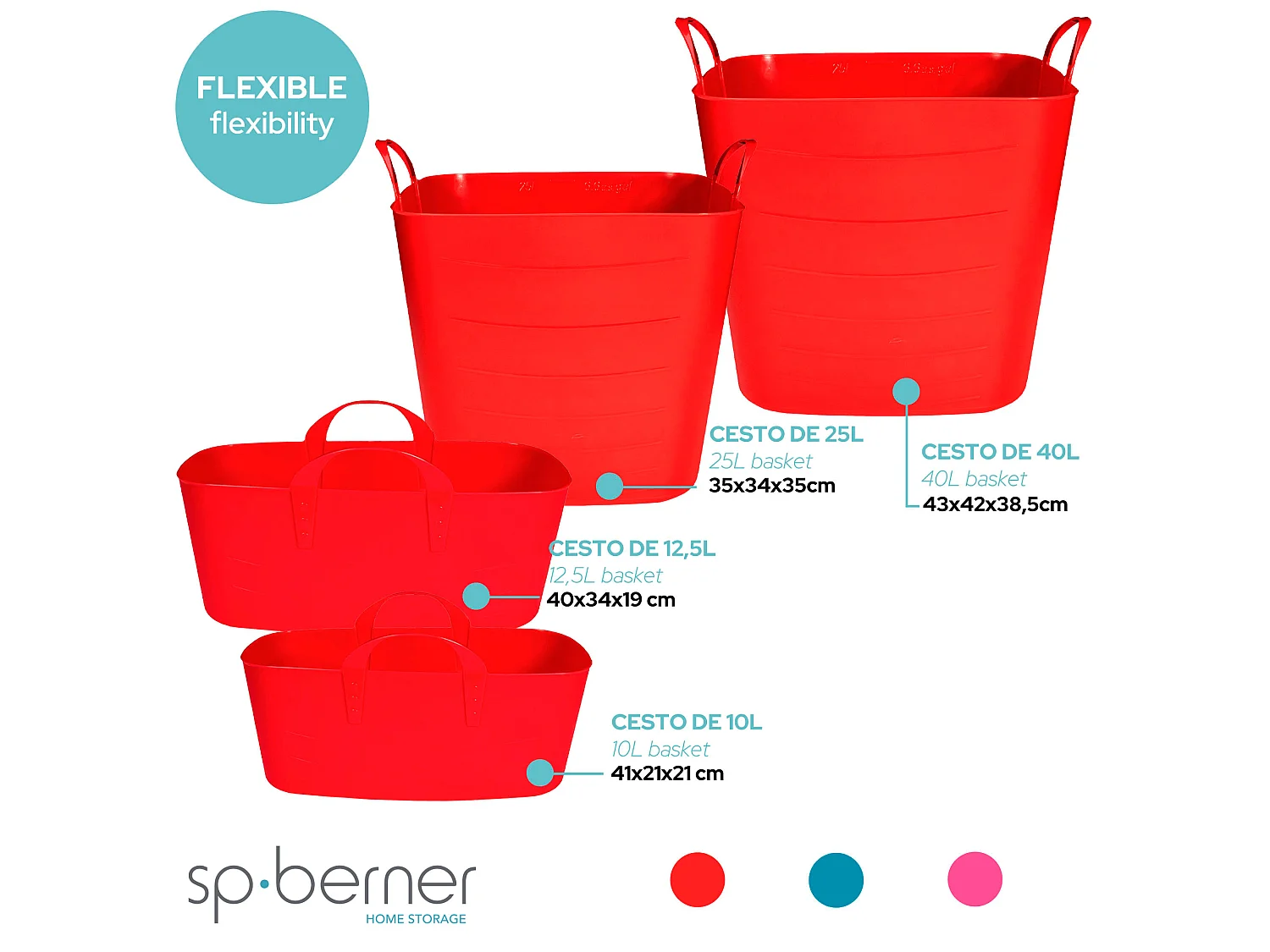 3x paniers 10l + 25l + 40l rouge