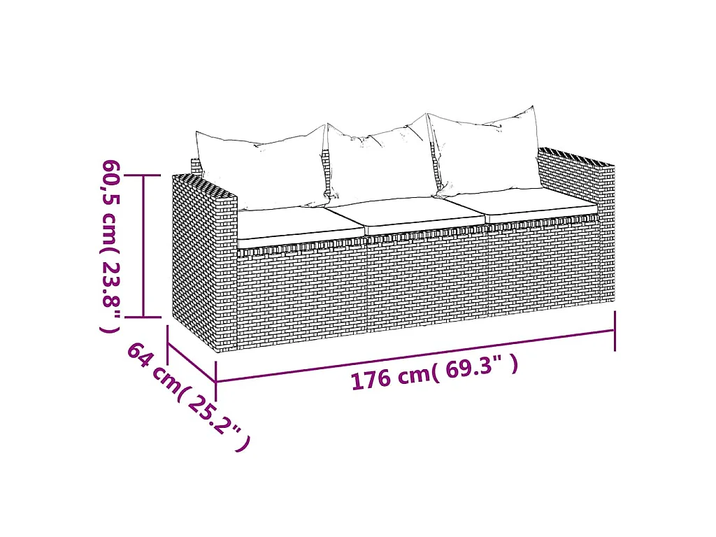 Tuinbank 3-zits met kussens poly rattan zwart