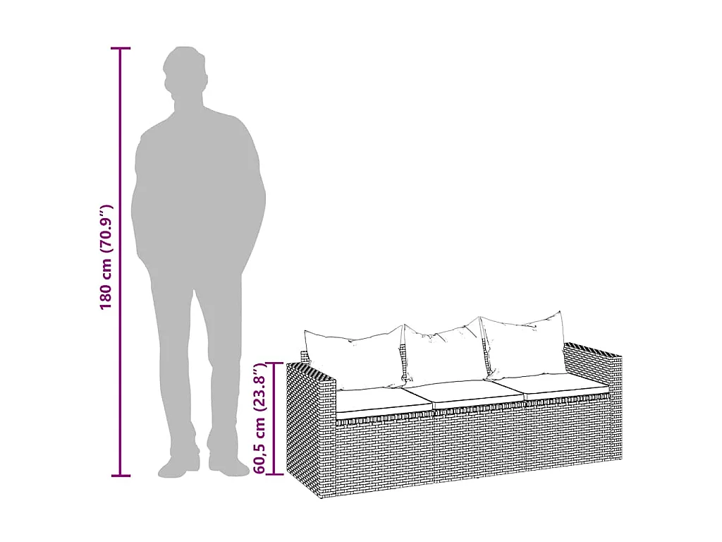 Tuinbank 3-zits met kussens poly rattan zwart