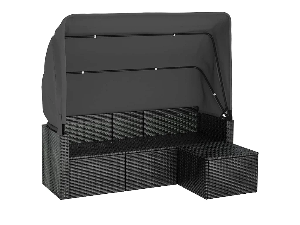 3-Sitzer-Gartensofa mit Dach und Fußhocker Schwarz Poly Rattan
