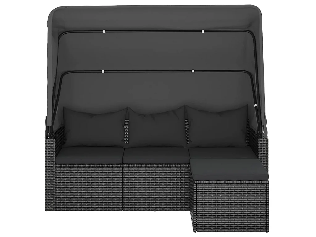 3-Sitzer-Gartensofa mit Dach und Fußhocker Schwarz Poly Rattan