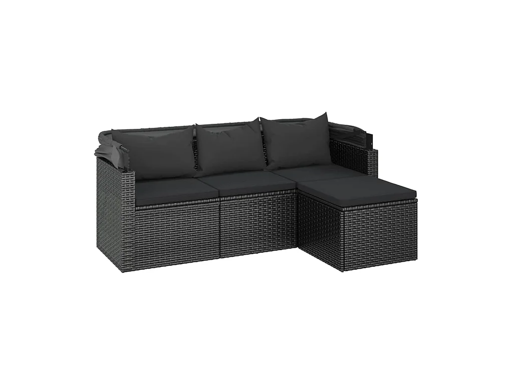 3-Sitzer-Gartensofa mit Dach und Fußhocker Schwarz Poly Rattan