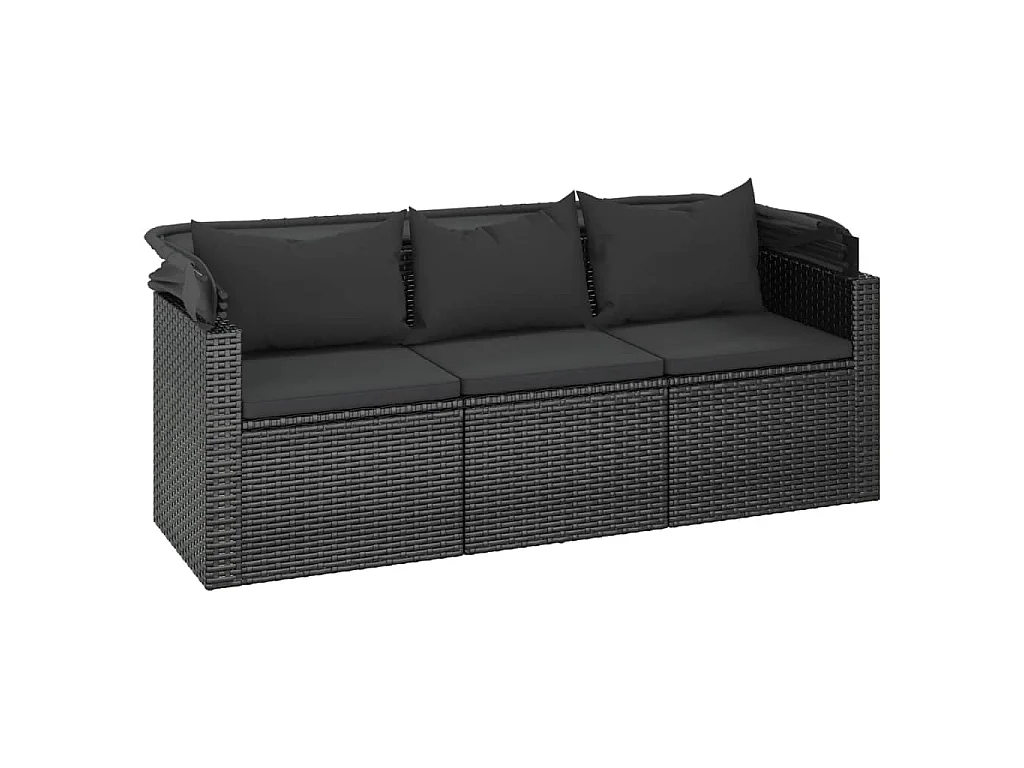 3-Sitzer-Gartensofa mit Dach und Fußhocker Schwarz Poly Rattan