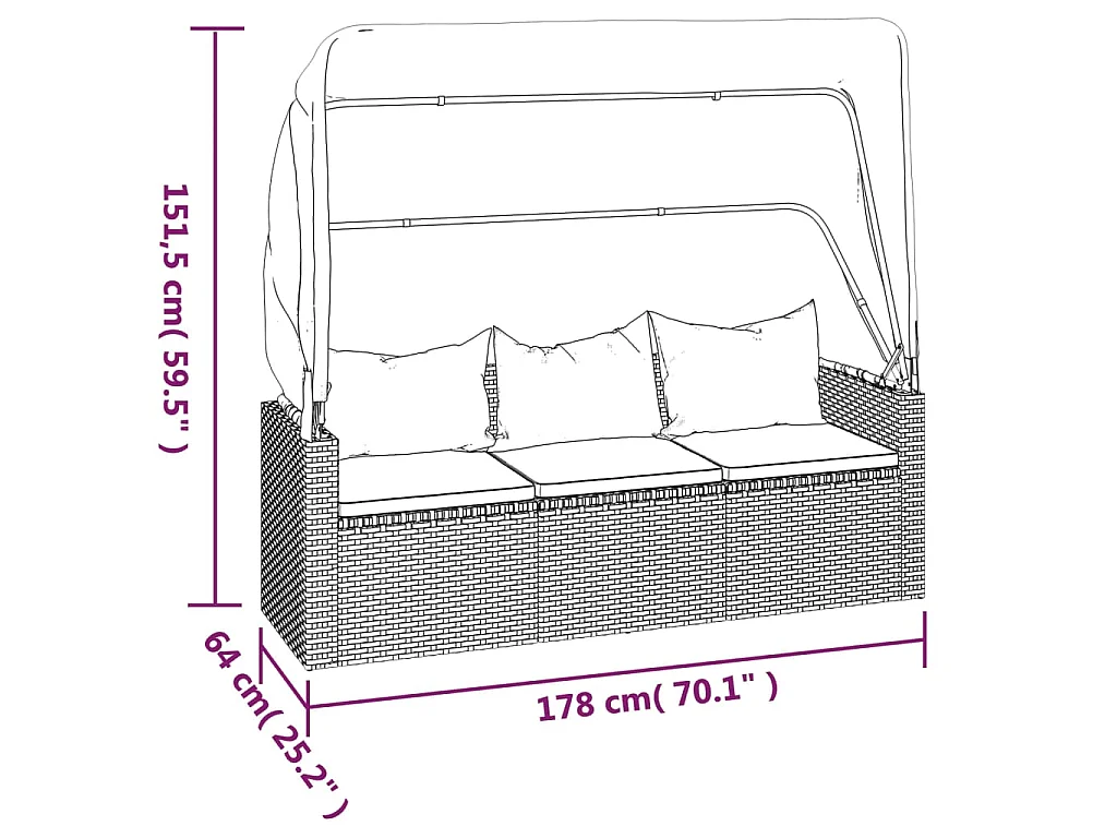 3-Sitzer-Gartensofa mit Dach und Fußhocker Schwarz Poly Rattan