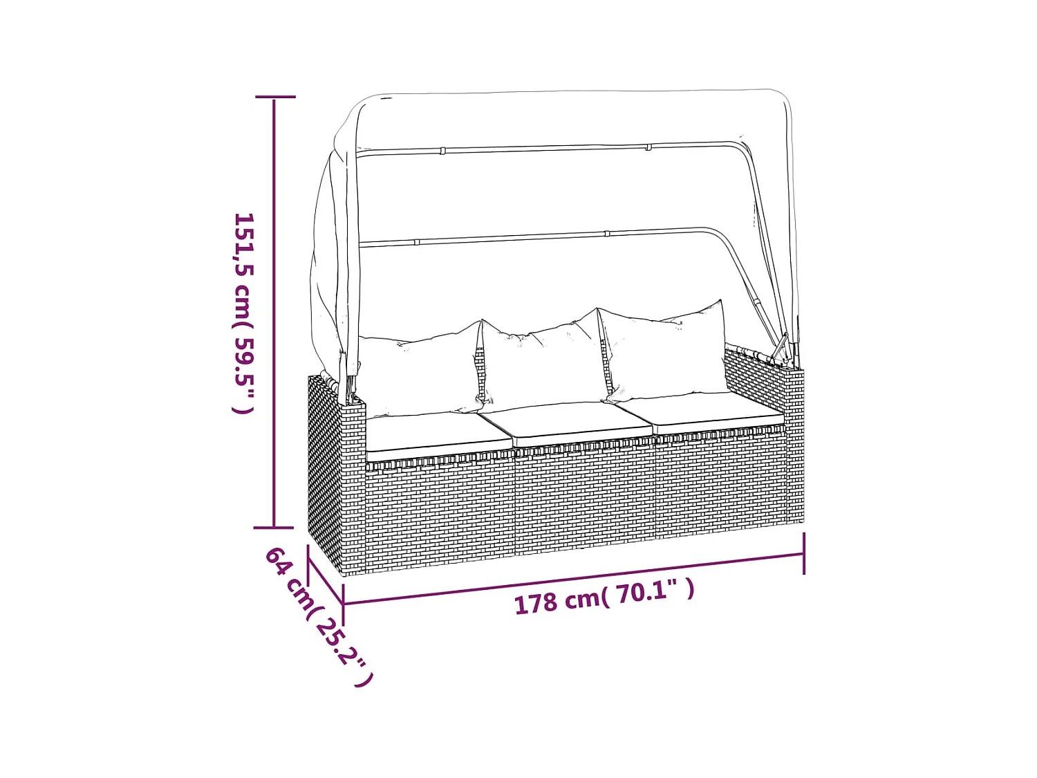 Tuinbank 3-zits met dak en voetenbank poly rattan grijs