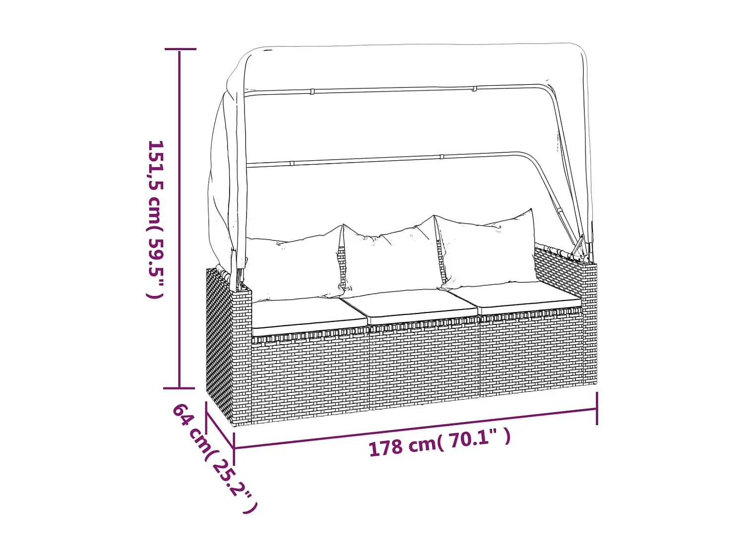 Canapé de jardin 3 places avec toit et repose-pieds Gris
