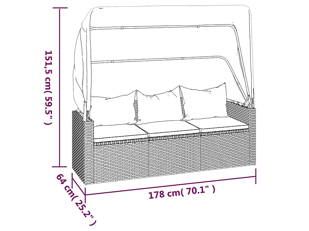 Canapé de jardin 3 places avec toit et repose-pieds Gris