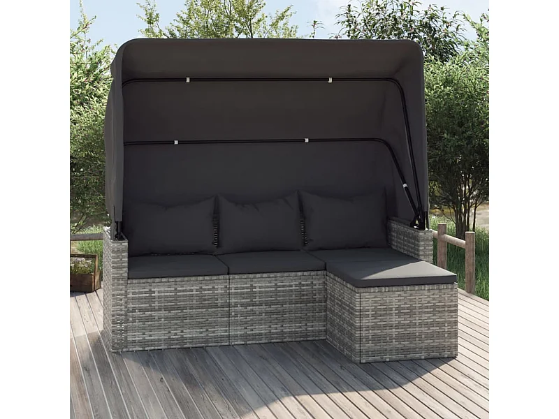 Canapé de jardin 3 places avec toit et repose-pieds Gris