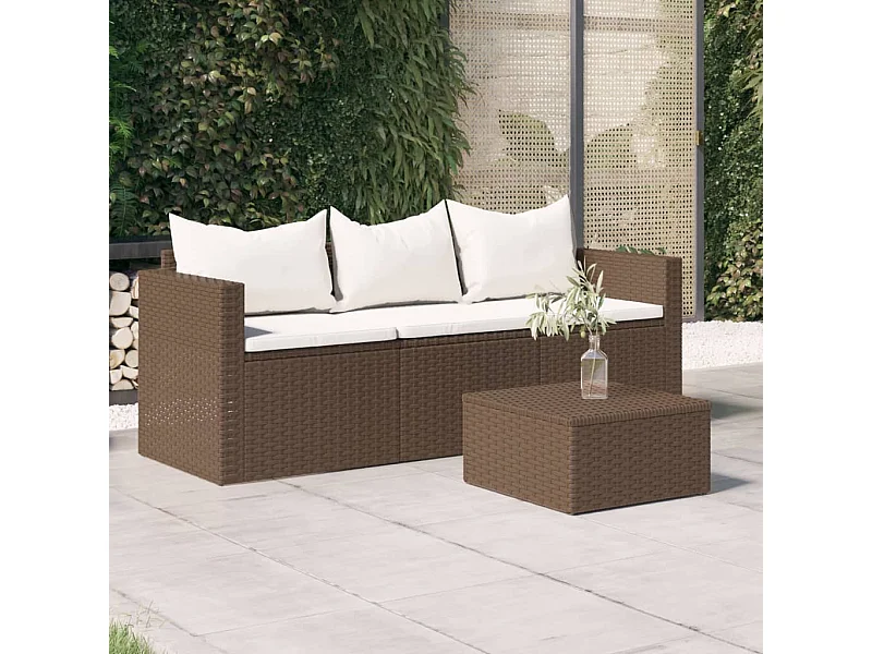 Tuinbank 3-zits met kussens poly rattan bruin