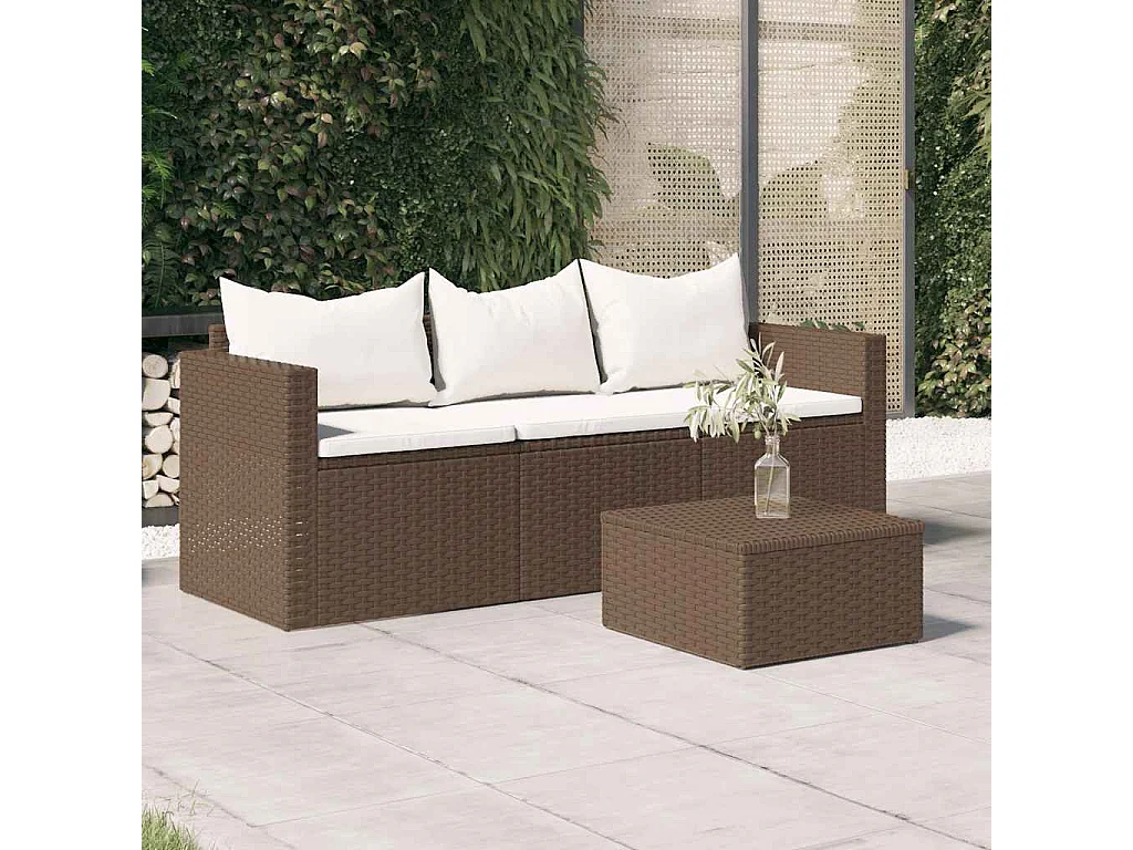 Gartensofa 3-Sitzer mit Kissen Braun Poly Rattan