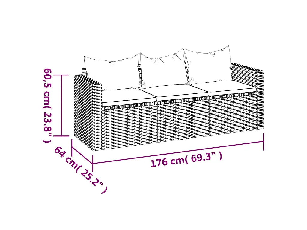 Gartensofa 3-Sitzer mit Kissen Braun Poly Rattan