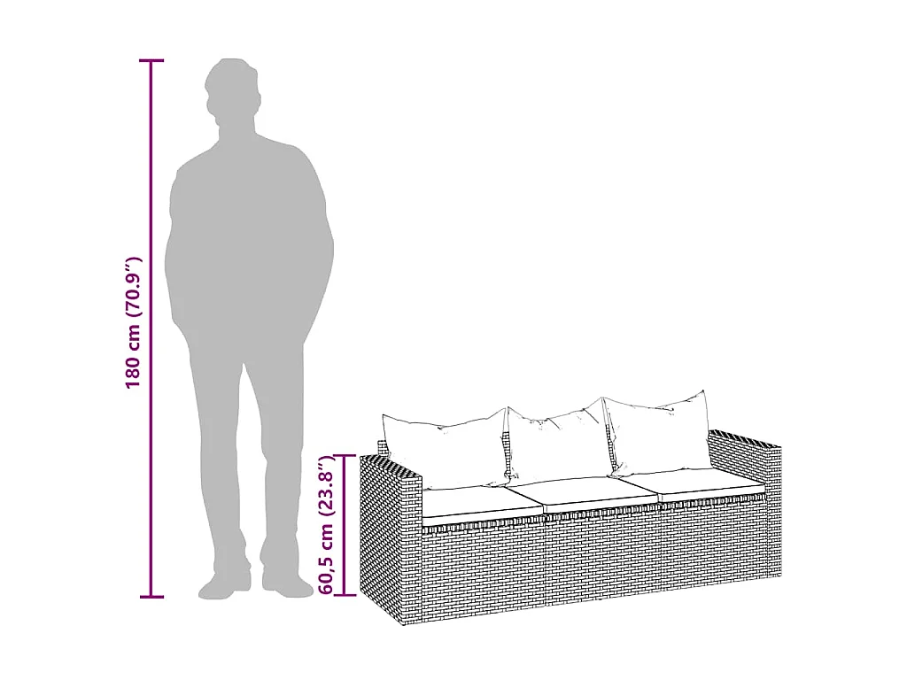 Gartensofa 3-Sitzer mit Kissen Braun Poly Rattan