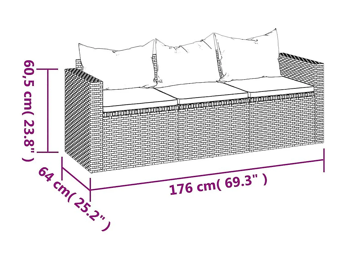 Gartensofa 3-Sitzer mit Kissen Grau Poly Rattan