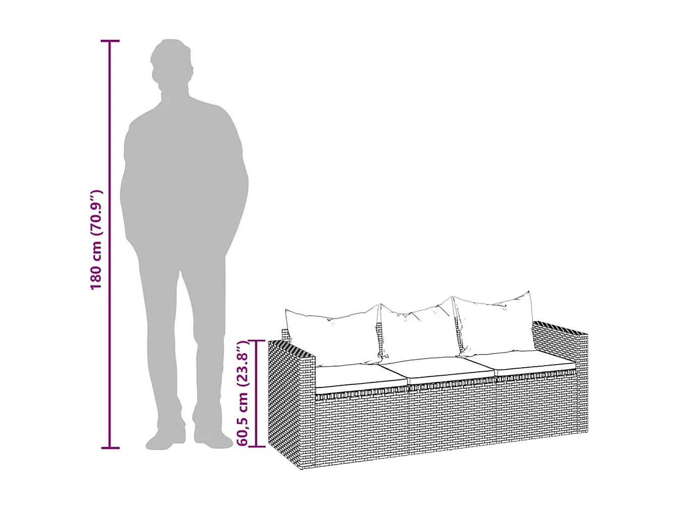 Gartensofa 3-Sitzer mit Kissen Grau Poly Rattan