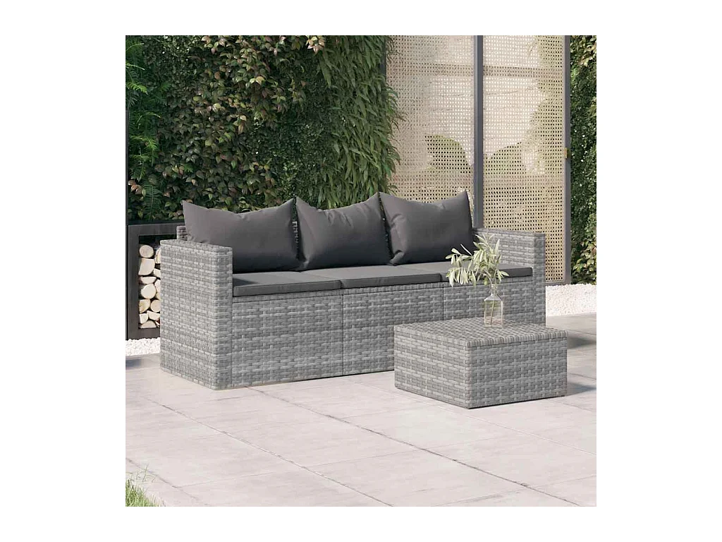 Gartensofa 3-Sitzer mit Kissen Grau Poly Rattan
