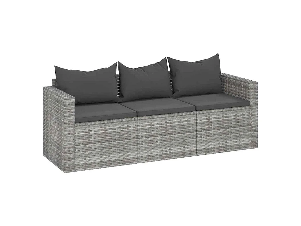 Gartensofa 3-Sitzer mit Kissen Grau Poly Rattan