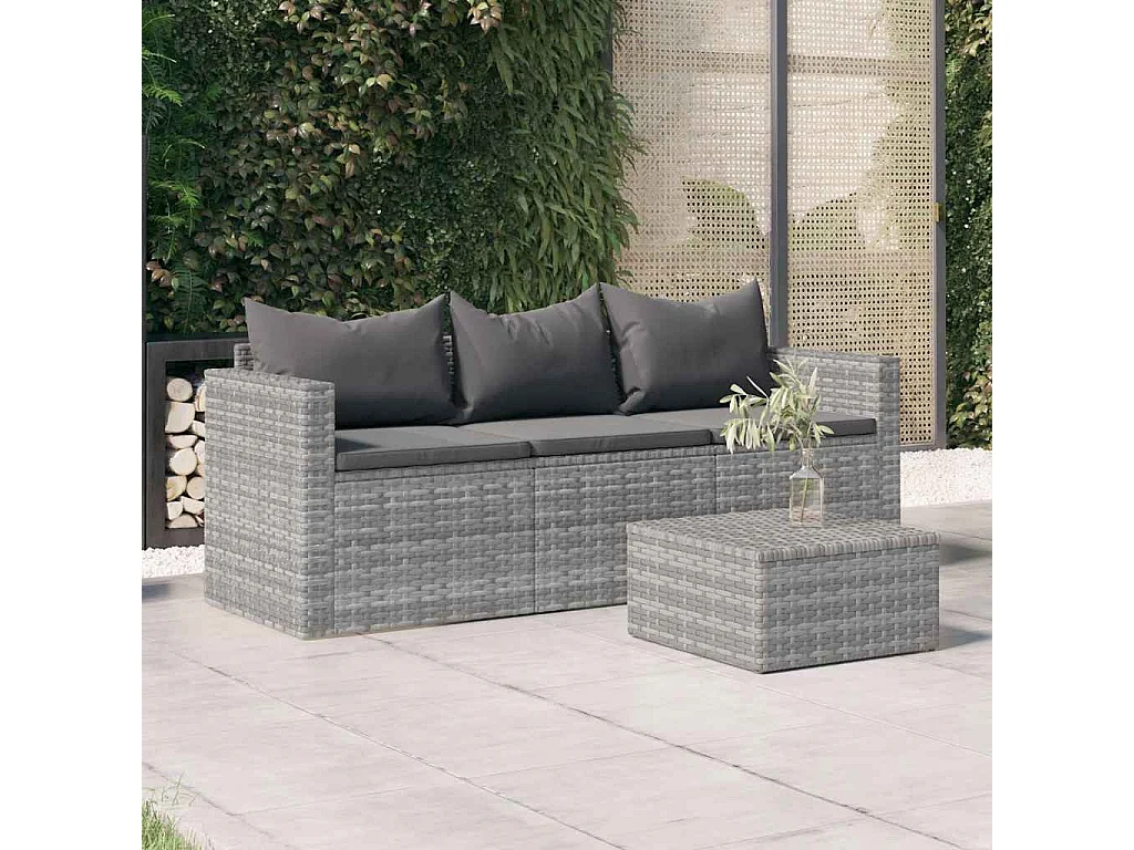 Gartensofa 3-Sitzer mit Kissen Grau Poly Rattan