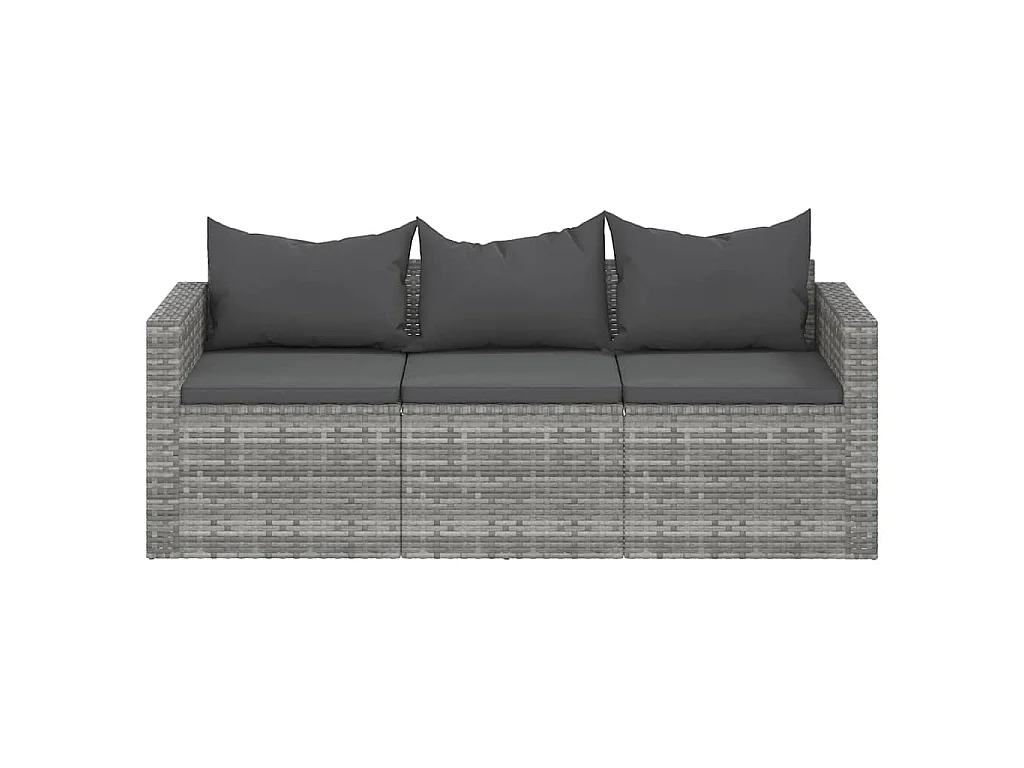 Gartensofa 3-Sitzer mit Kissen Grau Poly Rattan